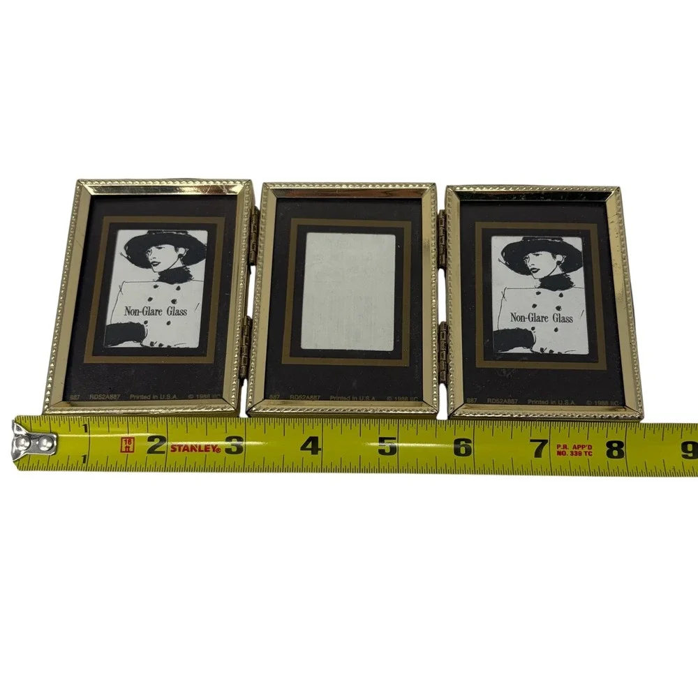 Vintage 1988 Gold Tone Triple Folding Photo Frame Mini Hinged Desk Picture Frame